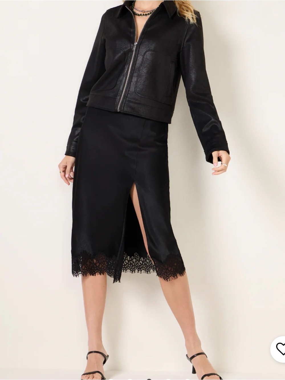 Sanctuary Evereve Black Satin Midi Skirt w Lace Trim Hem Side Slit Size S